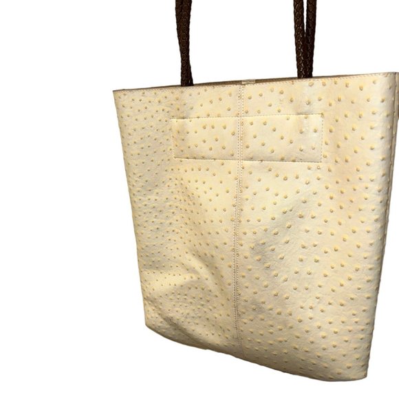 Ostrich Imprint Large off white brown braided handles large pvc tote - Picture 5 of 7